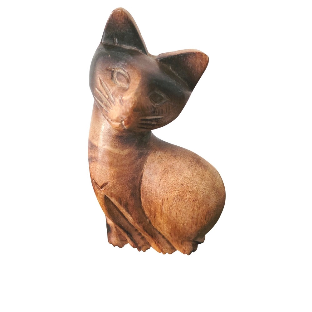 Vintage Hand Carved Wood Cat Figurine‎ Sitting Siamese Folk Art Statue 6.5"